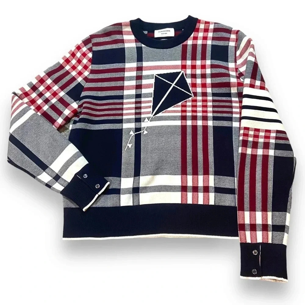 Thom Browne Plaid Kite Sweater 100% Cotton Sz OS Navy/Red